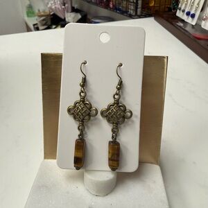 Vintage-Style Brass Drop Earrings with Tiger Eye Beads